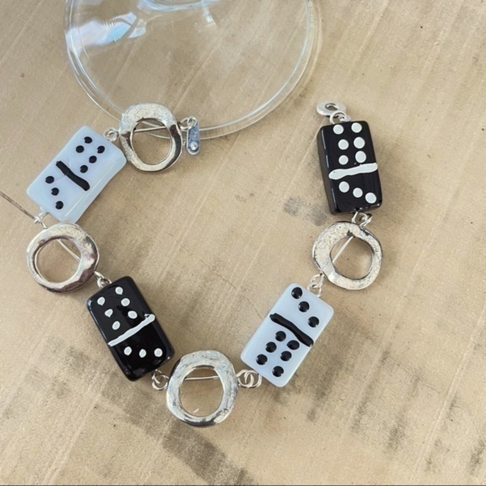 Handmade Chunky Glass Domino Bracelet Black & White 8.25” Mod Retro Geometric - Picture 3 of 3